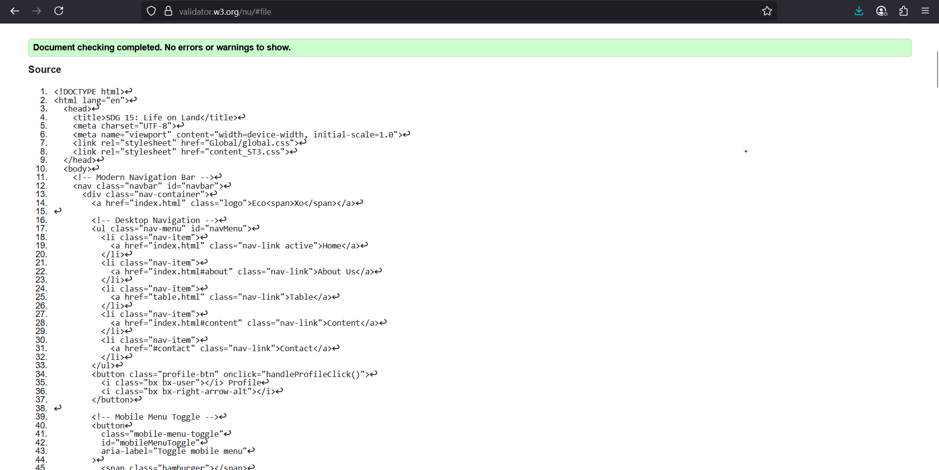 Content Page Validation Screenshot
