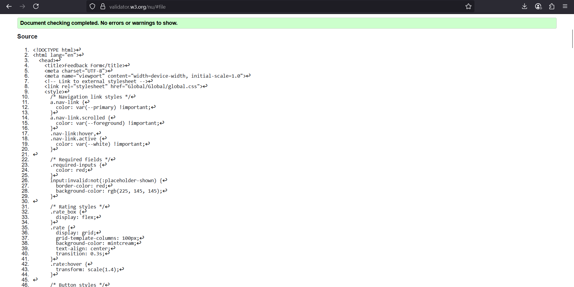 Feedback Page Validation Screenshot