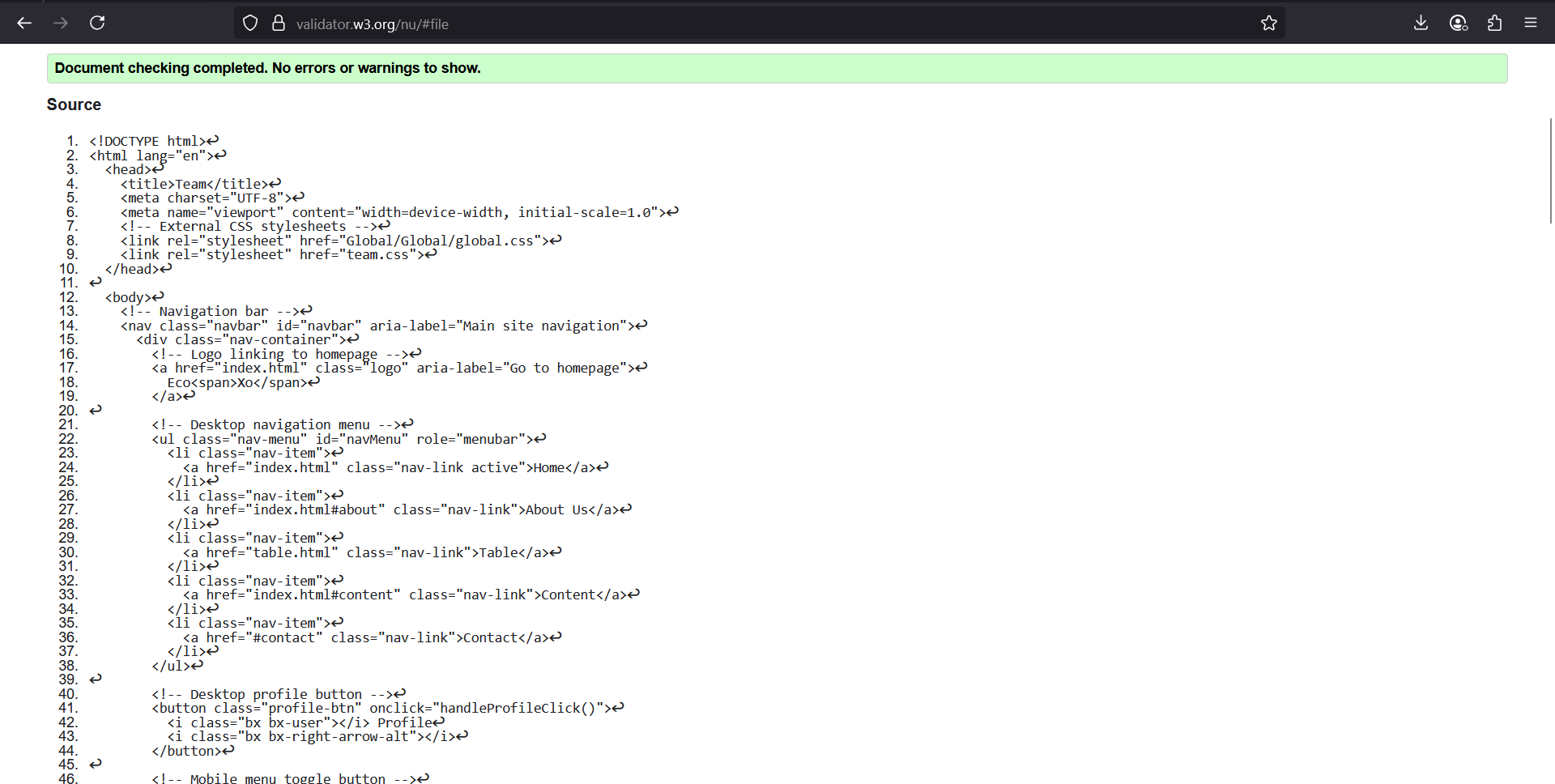Team Page Validation Screenshot